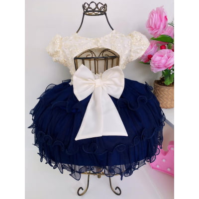 Vestido Infantil Azul Marinho e Off Luxo Babados Cinto