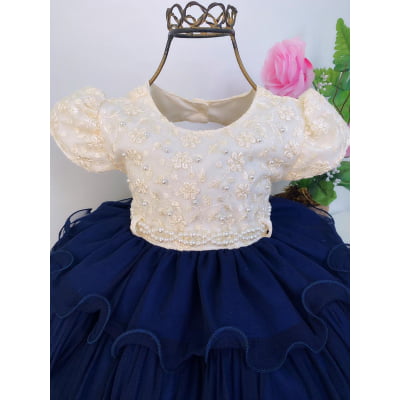 Vestido Infantil Azul Marinho e Off Luxo Babados Cinto