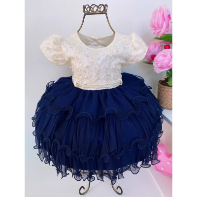 Vestido Infantil Azul Marinho e Off Luxo Babados Cinto