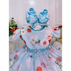 Vestido Infantil Azul Peito Nervura Florido Batizado Bebê