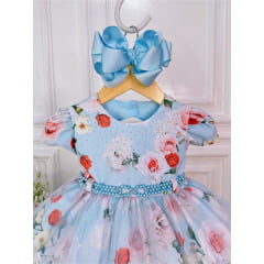 Vestido Infantil Azul Peito Nervura Florido Batizado Bebê