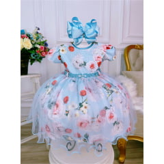 Vestido Infantil Azul Peito Nervura Florido Batizado Bebê