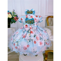 Vestido Infantil Azul Peito Nervura Florido Batizado Bebê