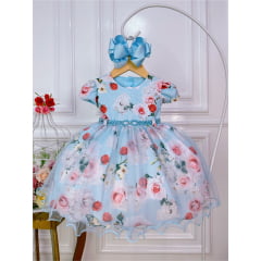 Vestido Infantil Azul Peito Nervura Florido Batizado Bebê