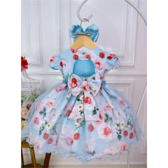 Vestido Infantil Azul Peito Nervura Florido Batizado Bebê
