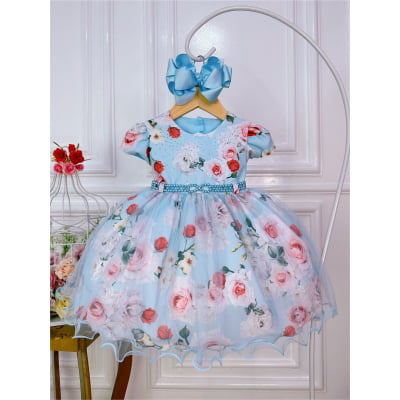 Vestido Infantil Azul Peito Nervura Florido Batizado Bebê