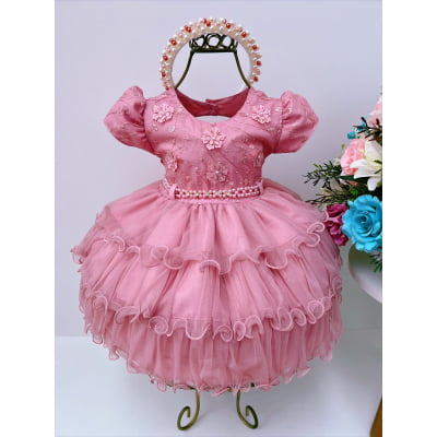 Vestido Infantil Batizado Rosê Flores e Babados