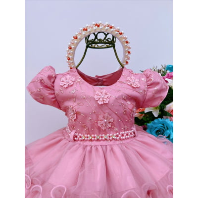 Vestido Infantil Batizado Rosê Flores e Babados