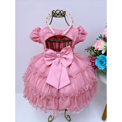 Vestido Infantil Batizado Rosê Flores e Babados