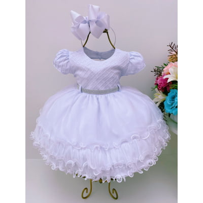 Vestido Infantil Bebê Branco Babados Brilho Cinto Strass