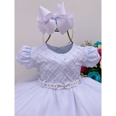 Vestido Infantil Bebê Branco Babados Pérolas Batizado