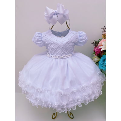Vestido Infantil Bebê Branco Babados Pérolas Batizado