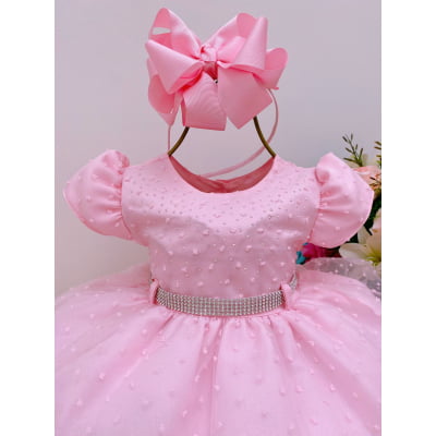 Vestido Infantil Bebê Rosa Babados Bolinhas Cinto Strass