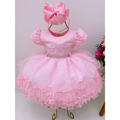 Vestido Infantil Bebê Rosa Babados Bolinhas Cinto Strass