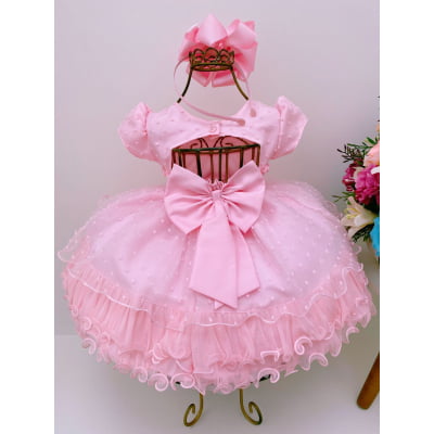 Vestido Infantil Bebê Rosa Babados Bolinhas Cinto Strass