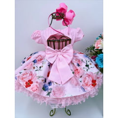 Vestido Infantil Bebê Rosa Florido Rendado Brilho Pérola
