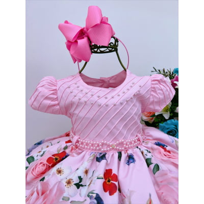 Vestido Infantil Bebê Rosa Florido Rendado Brilho Pérola