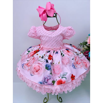Vestido Infantil Bebê Rosa Florido Rendado Brilho Pérola