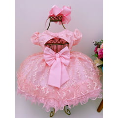 Vestido Infantil Bebê Rosa Rendado Brilho Cinto Strass