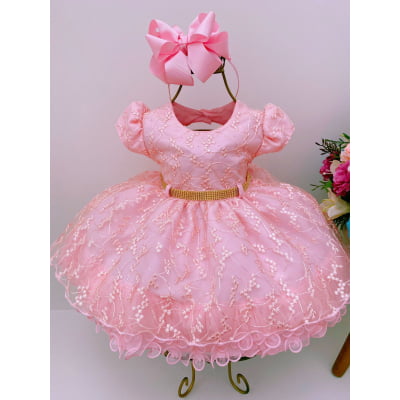 Vestido Infantil Bebê Rosa Rendado Brilho Cinto Strass