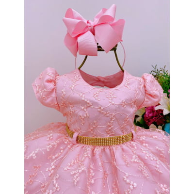 Vestido Infantil Bebê Rosa Rendado Brilho Cinto Strass