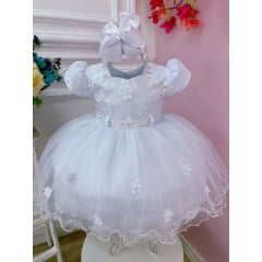 Vestido Infantil Branco Aplique de Flores e Renda Batizados