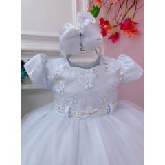 Vestido Infantil Branco Aplique de Flores e Renda Batizados