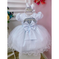 Vestido Infantil Branco Aplique de Flores e Renda Batizados
