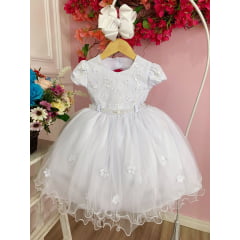 Vestido Infantil Branco Aplique de Flores e Renda Batizados