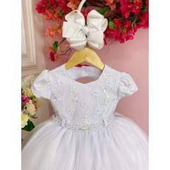 Vestido Infantil Branco Aplique de Flores e Renda Batizados