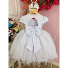 Vestido Infantil Branco Aplique de Flores e Renda Batizados