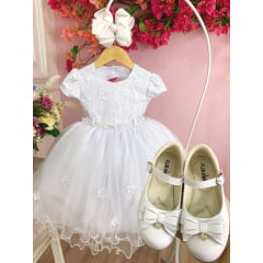 Vestido Infantil Branco Aplique de Flores e Renda Batizados