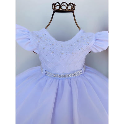 Vestido Infantil Branco Batizado Bebê Babados e Pérolas