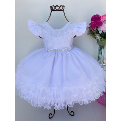 Vestido Infantil Branco Batizado Bebê Babados e Pérolas