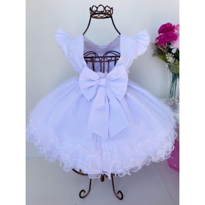 Vestido Infantil Branco Batizado Bebê Babados e Pérolas