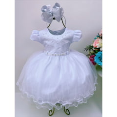 Vestido Infantil Branco Batizado Bebê Pérolas Luxo