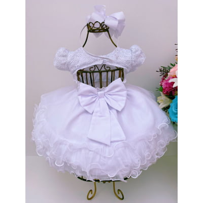 Vestido Infantil Branco Batizado Lantejoula e Strass