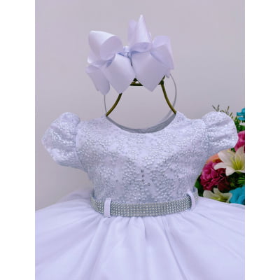 Vestido Infantil Branco Batizado Lantejoula e Strass