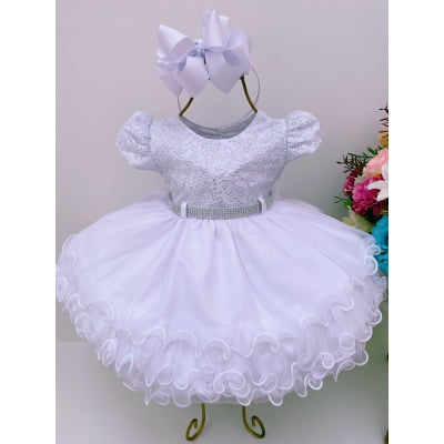 Vestido Infantil Branco Batizado Lantejoula e Strass