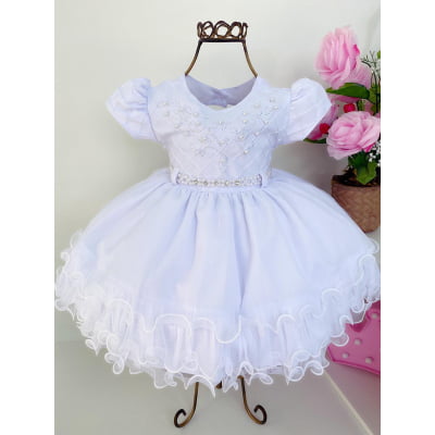 Vestido Infantil Branco Batizado Pérolas e Strass Luxo