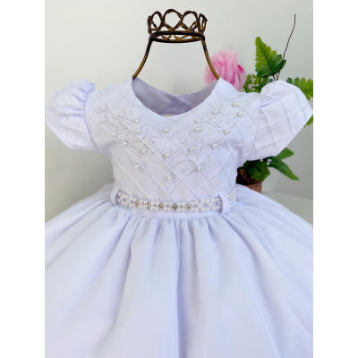 Vestido Infantil Branco Batizado Pérolas e Strass Luxo