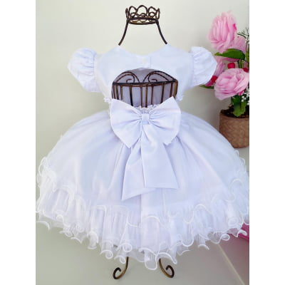 Vestido Infantil Branco Batizado Pérolas e Strass Luxo