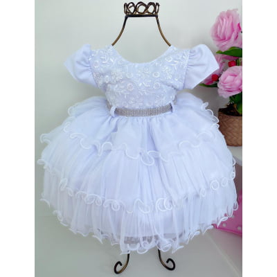 Vestido Infantil Branco Batizado Renda Babados Cinto Strass