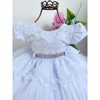 Vestido Infantil Branco Batizado Renda Babados Cinto Strass