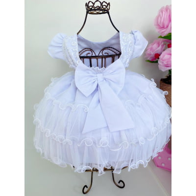 Vestido Infantil Branco Batizado Renda Babados Cinto Strass