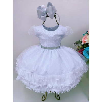 Vestido Infantil Branco Batizado Strass Babados Princesas