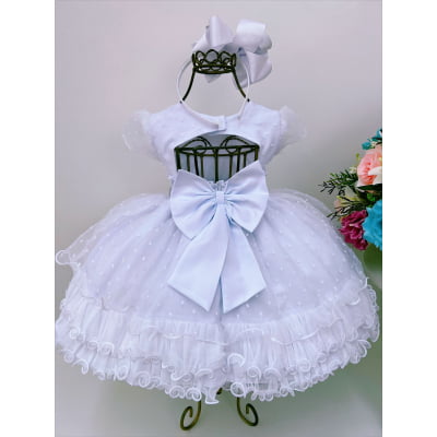Vestido Infantil Branco Batizado Strass Babados Princesas