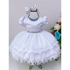 Vestido Infantil Branco Batizado Strass Babados