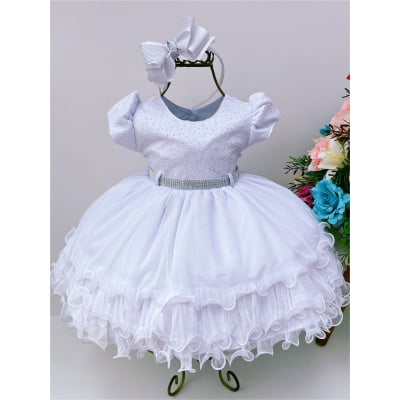 Vestido Infantil Branco Batizado Strass Babados