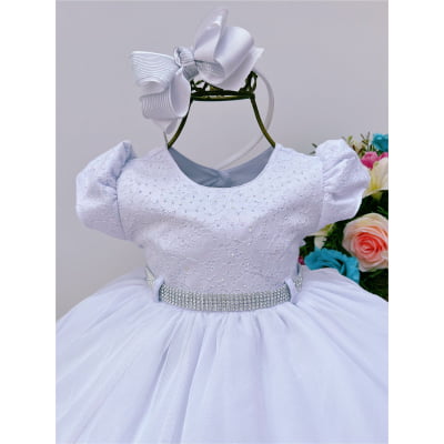 Vestido Infantil Branco Batizado Strass Babados